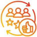 Icon of people with stars and a thumbs up, indicating positive feedback or community engagement.