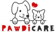 Logo of a dog and cat holding a heart with 'PAWDiCARE' text below.