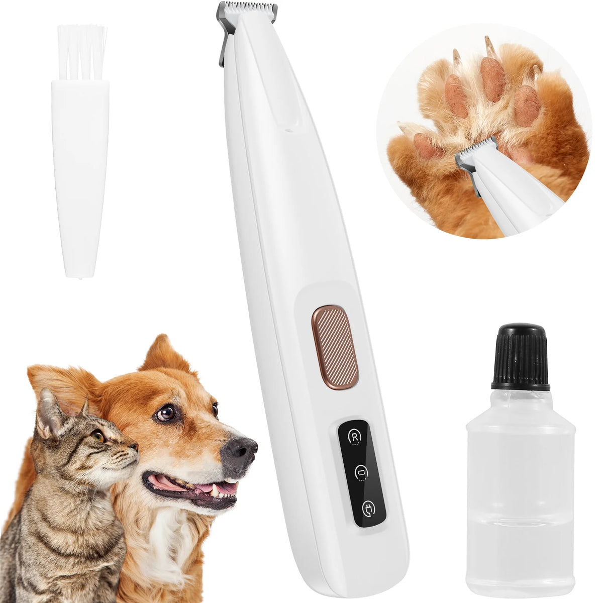Pet grooming tool with a dog, cat, and close-up of paw illustration on a white background.